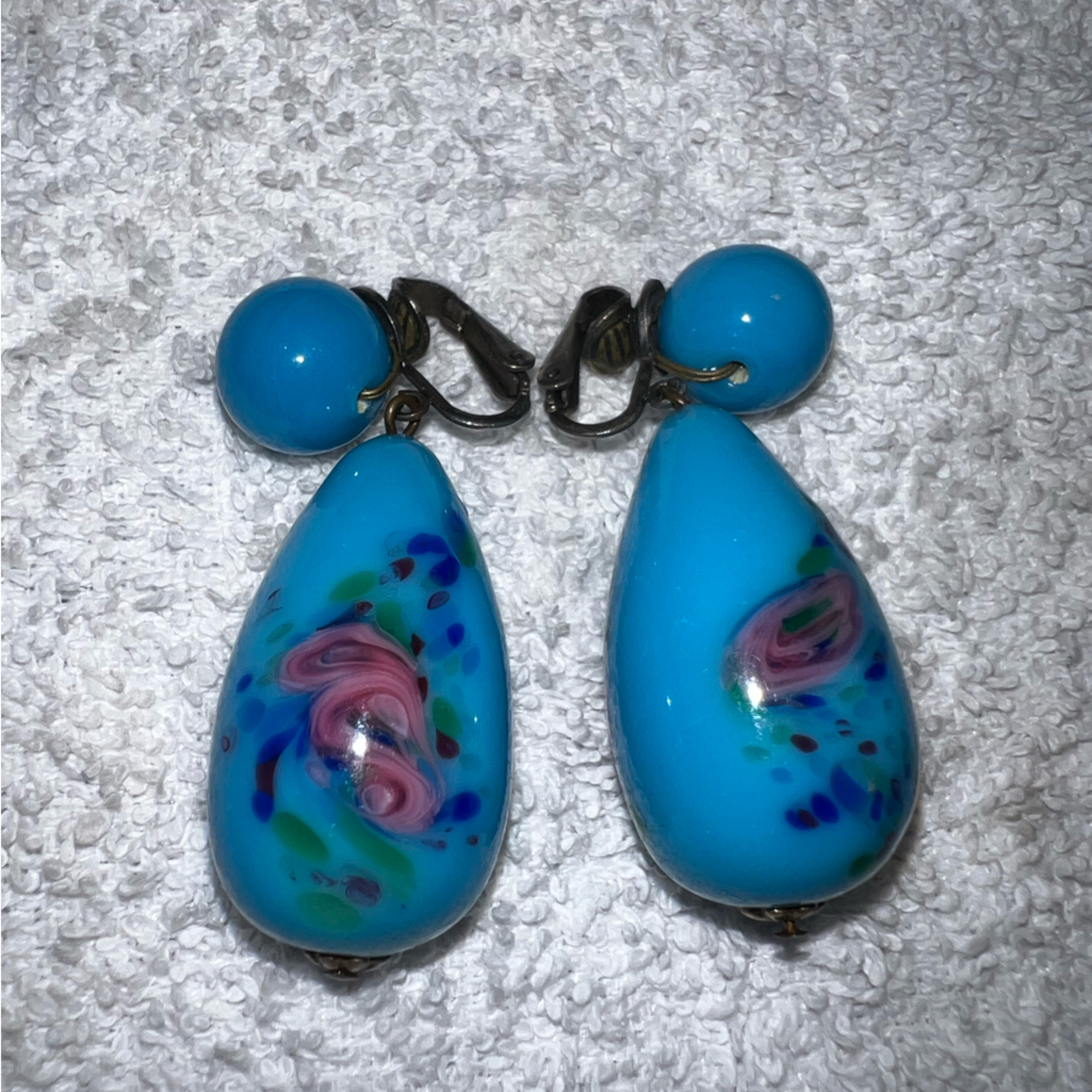 Murano Glass Turquoise Aqua Blue With Roses Clip On Earrings Vintage 39$